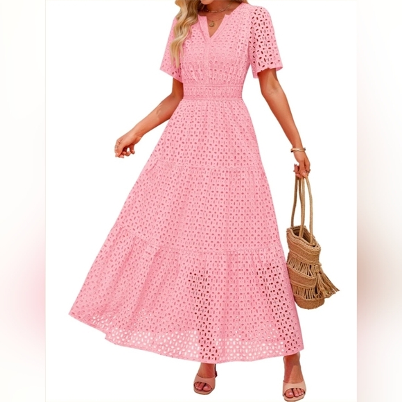 Zesica V-Neck Hollow Out Eyelet Ruffle Swing A-Line Dress Size Large NWT - Picture 3 of 15